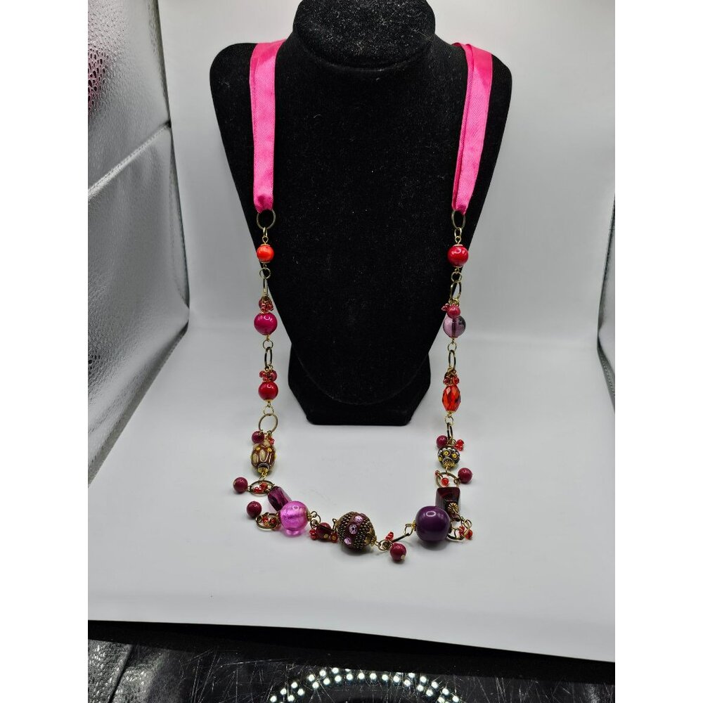 Handcrafted Bohemian Necklace With‎ Pink Ribbon & Colorful Beads